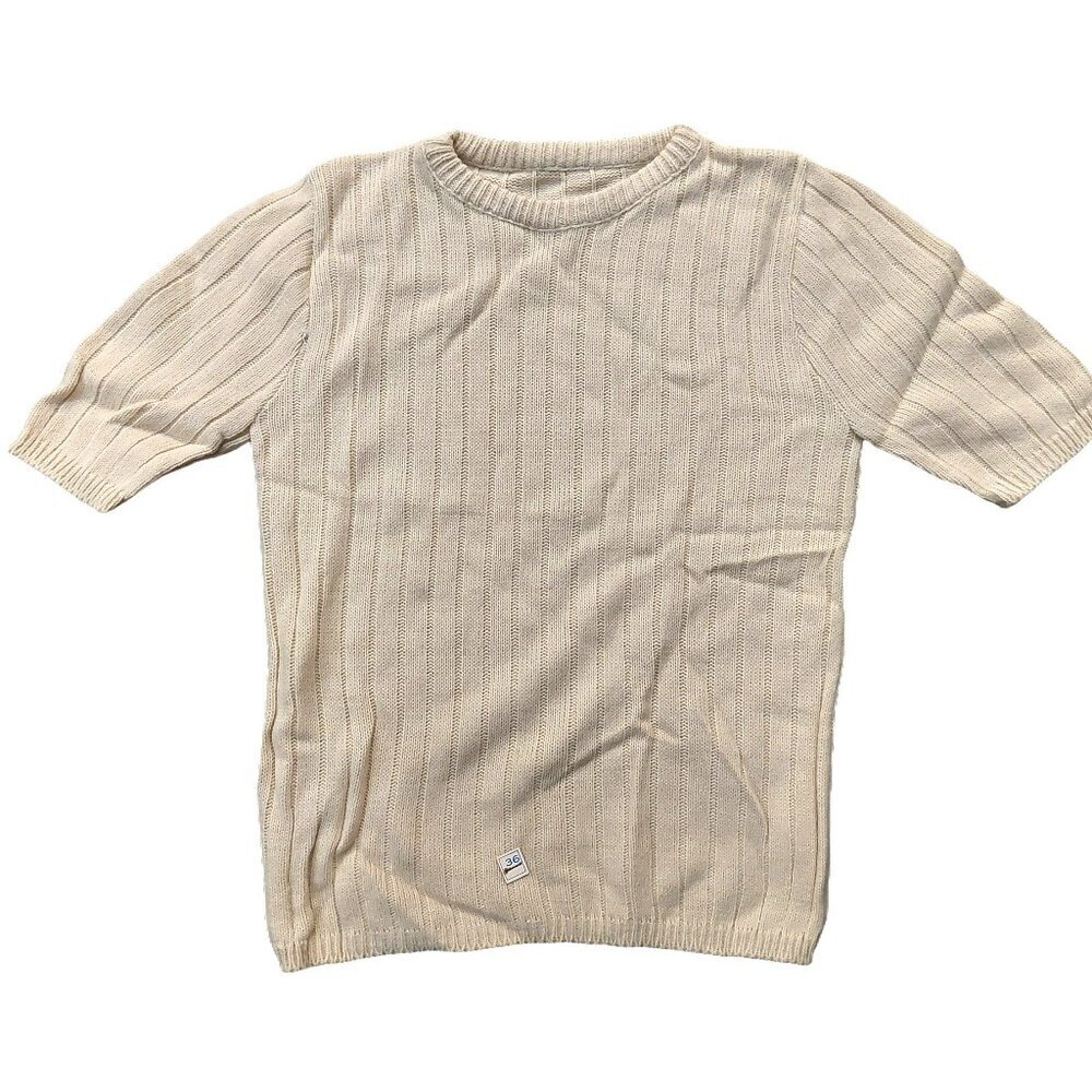 Vintage 1940s-1950s Oatmeal Beige Short Sleeve Ribbed Sweater Top